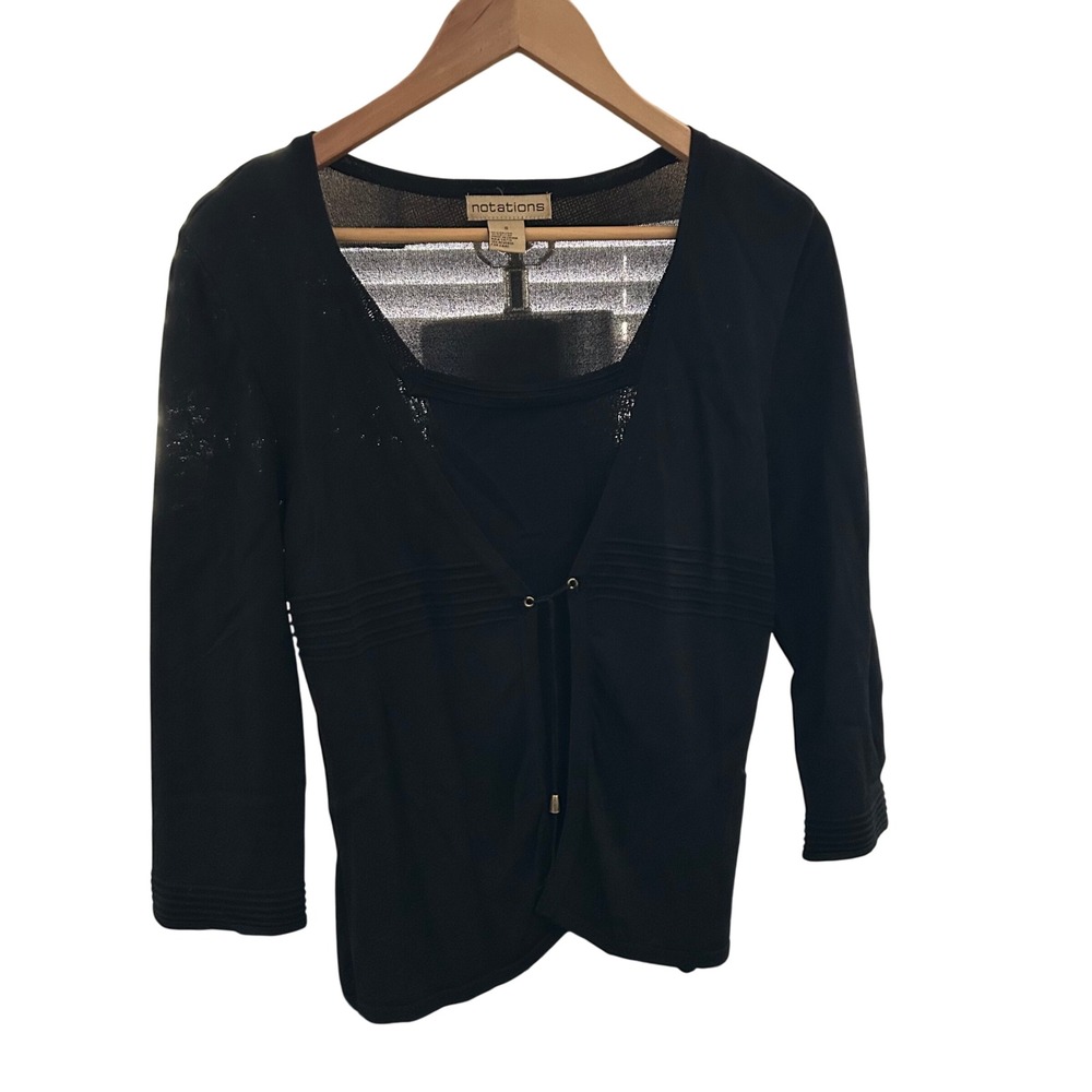 Notations‎ Black Cardigan Top Set Tie Front 3/4 Sleeve Knit S